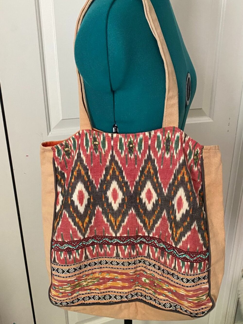 World Market tote with Ikat inspired pattern